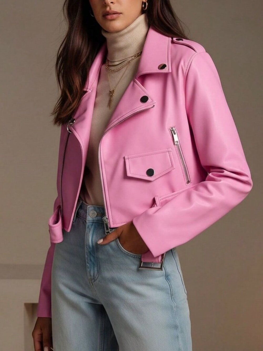 Baby Pink Casual Women's Faux Leather Biker Jacket - Picture 4 of 5